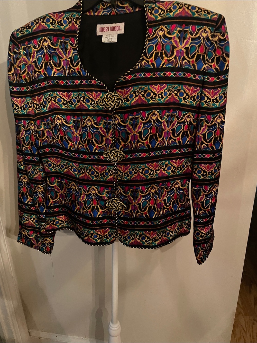 Maggy London Black Multicolor Patterned Button-Down Top Silk